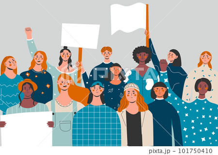 Multi-ethnic group of females protesters marching with signboard. Women demonstration, feminism fist. Woman rightss union, female power and solidarity. Flat vector illustration in trendy colors Multi-ethnic group of females protesters marching with signboard. Women demonstration, feminism fist. Woman rightss union, female power and solidarity. Flat vector illustration in trendy colors 101750410