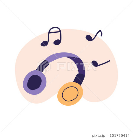 Modern headphones with musical notes. Accessory for audio listening and games. Flat vector ilustration, isolated on a white background Modern headphones with musical notes. Accessory for audio listening and games. Flat vector ilustration, isolated on a white background 101750414
