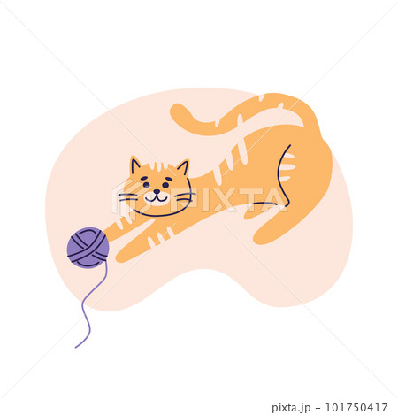 Red cat plays with a ball of yarn. Flat vector illustration in trendy colors, isolated on a white background 101750417