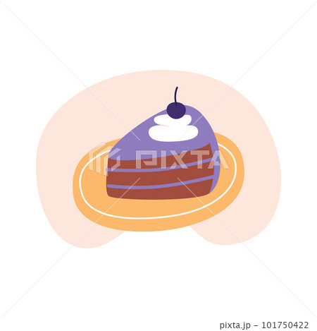 Piece of chocolate cake with maraschino cherry. Flat vector illustration in trendy colors, isolated on a white background 101750422