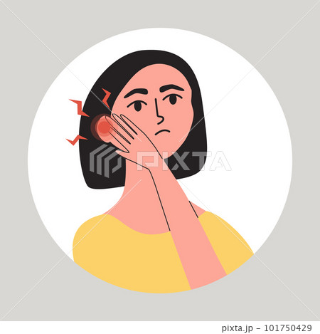 Young woman suffering from earache. Female with otitis, tinnitus, vertigo or enother hearing disease. Flat vector medical illustration Young woman suffering from earache. Female with otitis, tinnitus, vertigo or enother hearing disease. Flat vector medical illustration 101750429