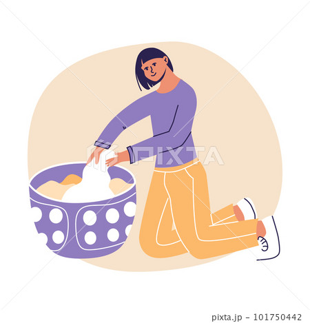 Young woman with laundry basket Laundromat, household scene. Concept of cleaning. Flat cartoon vector illustrtion, trendy colors, isolated on white background 101750442