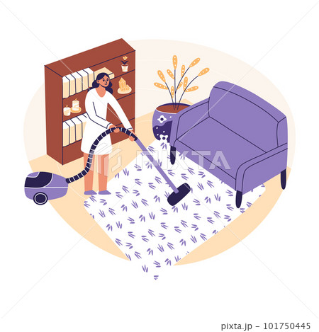 Woman cleaning carpter. Young female vaccuuming home. Housewife cleaning modern living room with vaccuum cleaner. Flat cartoon vector illustrtion, trendy colors, isolated on white background 101750445