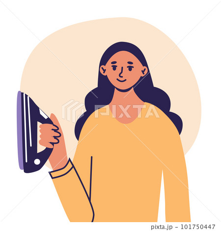 Woman holding an iron. Housewife ironing, doing daily routine home work. Flat cartoon vector illustrtion, trendy colors, isolated on white background Woman holding an iron. Housewife ironing, doing daily routine home work. Flat cartoon vector illustrtion, trendy colors, isolated on white background 101750447