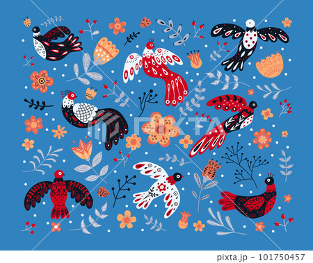 Vector collection of various birds, flowers and leaves with different folk ornaments. Set in scandinavan style. Ethnic flat illustration with nordic detailed in trendy colors 101750457