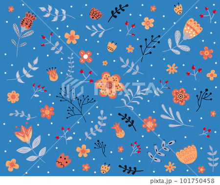 Vector collection of various flowers and leaves with different folk ornaments. Set in scandinavan style. Ethnic flat illustration with in trendy colors 101750458