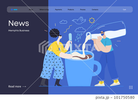 Memphis business illustration. News -modern flat vector concept illustration of people preparing coffee with milk. Corporate business morning news metaphor. Memphis business illustration. News -modern flat vector concept illustration of people preparing coffee with milk. Corporate business morning news metaphor. 101750580