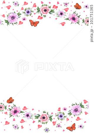 Watercolor celebration restangle card with anemones, butterflies, hearts isolated on white background . Illustration for greeting, birthday card design, invitation template, prints, party decoration 101751365