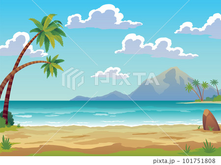 Tropical island with palm trees and yellow sand in ocean. Uninhabited isle beach, rocks surrounded sea water. Empty land and no people. Exotic natural landscape for vacation or summer weekend holiday Tropical island with palm trees and yellow sand in ocean. Uninhabited isle beach, rocks surrounded sea water. Empty land and no people. Exotic natural landscape for vacation or summer weekend holiday 101751808