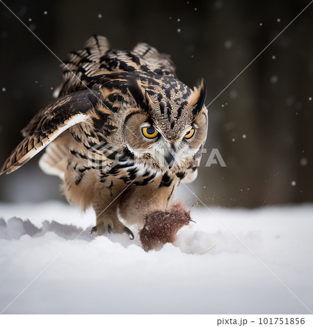Eagle owl hunts, eagle owl caught prey in the snow, bird of prey close-up, 101751856