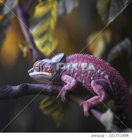 Cute purple chameleon on a branch, unusualのイラスト素材