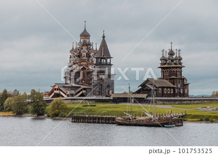 Russia. Kizhi Island on Lake Onega. Wooden domes of the architectural ensemble Kizhi Pogost Russia. Kizhi Island on Lake Onega. Wooden domes of the architectural ensemble Kizhi Pogost 101753525