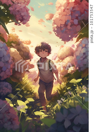 紫陽花の道を駆ける少年 紫陽花の道を駆ける少年 101753547
