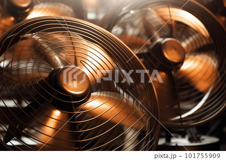 Modern electric table fan spinning, blurry blades whirring arround, closeup, copper color. Generative AI 101755909