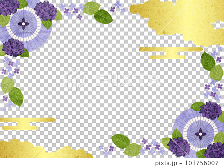 和紙水彩風紫和傘とあじさいの和風梅雨フレームヨコ 和紙水彩風紫和傘とあじさいの和風梅雨フレームヨコ 101756007
