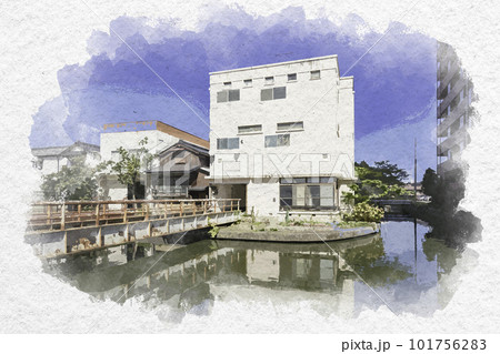 水彩画風 米子下町 旧加茂川沿い 鳥取県米子市 水彩画風 米子下町 旧加茂川沿い 鳥取県米子市 101756283