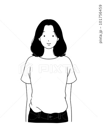 笑顔の女性のシンプルなモノクロ線画イラストのイラスト素材