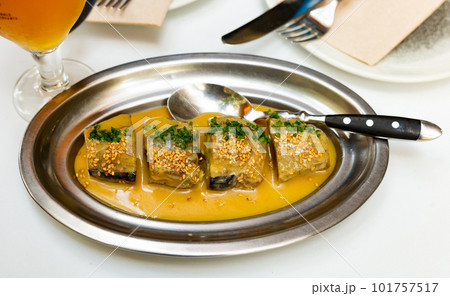 Eggplants with miso sauce on metal plate Eggplants with miso sauce on metal plate 101757517