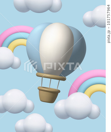 Flying 3d Hot Air Balloon clouds and rainbow cute 3d realistic clay aerostat vector illustration 101757964