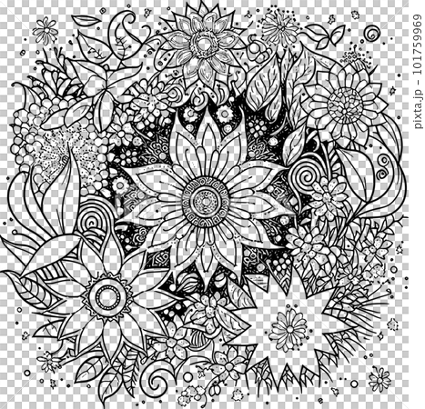 Coloring book with flowers, fruits. Hand drawn zentangle and mandala style,PNG, Transparency, Coloring book with flowers, fruits. Hand drawn zentangle and mandala style,PNG, Transparency, 101759969