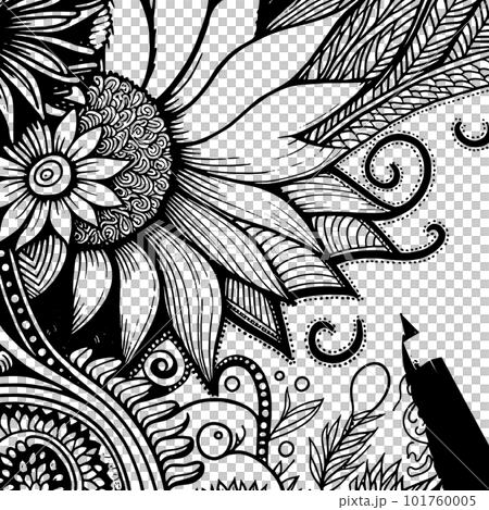 Coloring book with flowers, fruits. Hand drawn zentangle and mandala style,PNG, Transparency, Coloring book with flowers, fruits. Hand drawn zentangle and mandala style,PNG, Transparency, 101760005