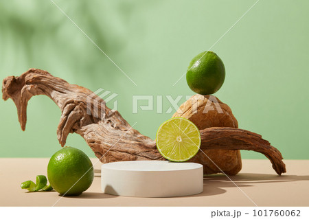 Empty white podium in round shape decorated with a block of stone, tree branch and Limes. Blank space for natural beauty product of Lime (Citrus aurantiifolia) extract advertising 101760062
