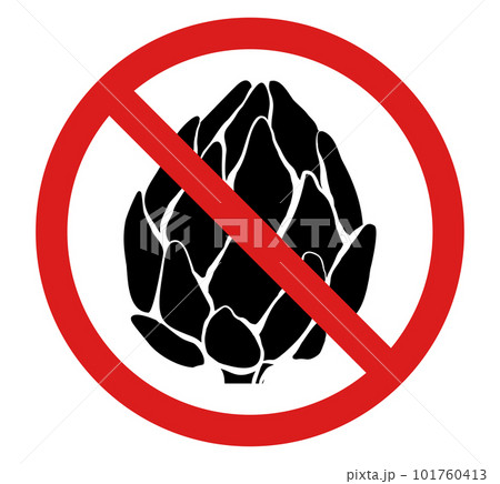 Vector prohibited sign with black silhouette of artichoke isolated from background. Allergy danger. Dont pick up vegetable. 101760413