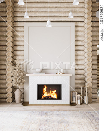 Log chalet house with fireplace and decor. 3d render illustration mockup. 101760624