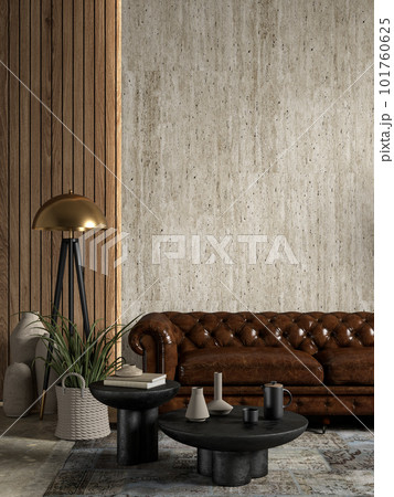 Interior with brown leather chester sofa, stone wall panel and decor. 3d render illustration mockup. 101760625