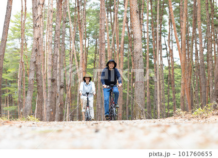 林間で電動自転車に乗るカップル 101760655