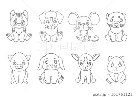 Line cute bunny, kitten and puppy. Vector outline graphic illustrations set, character baby animal isolated on white. Line cute bunny, kitten and puppy. Vector outline graphic illustrations set, character baby animal isolated on white. 101761123