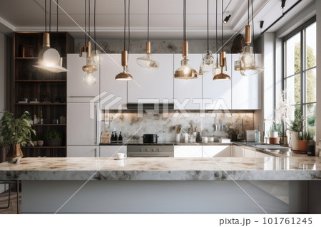 Contemporary kitchen with a minimalist design, hardwood floors, and a beautiful wooden countertop. AI Generative. 101761245