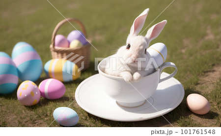 イースター用にペイントされたカラフルな卵とカップに入った白ウサギの