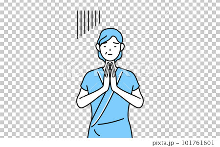 Middle-aged / senior female hospitalized patient who apologizes with hands together in front of body Middle-aged / senior female hospitalized patient who apologizes with hands together in front of body 101761601