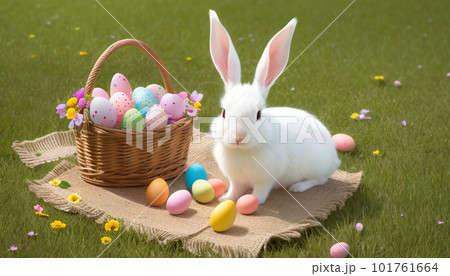 イースター用にペイントされたカラフルな卵と可愛い白ウサギ イースター用にペイントされたカラフルな卵と可愛い白ウサギ 101761664