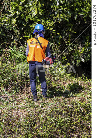 生い茂った雑草を電動草刈機で刈り込む男性植木職人 101762274
