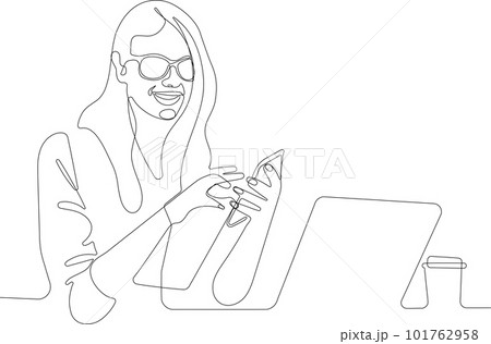 Continuous line drawing of loan officer negotiating with bank client about credit application business entities parties or young business woman working on laptop. One continuous line is the concept Continuous line drawing of loan officer negotiating with bank client about credit application business entities parties or young business woman working on laptop. One continuous line is the concept 101762958