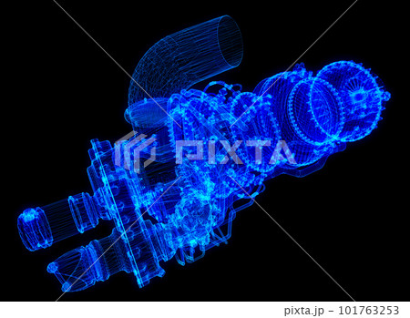 Gas turbine engine. Blue particle and lines form 3d model 101763253