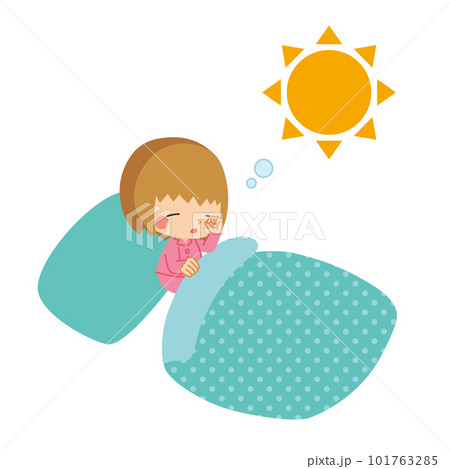 朝起きて眠そうに目をこする可愛い女の子のイラスト　白背景　クリップアート　ベクター 101763285