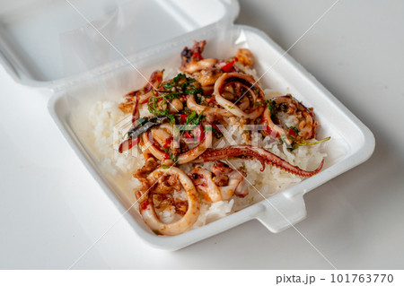 stir fried holy basil with octopus or squid and herb 101763770