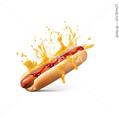 Fly hot dog with sauce on white backgrounds.Ai...のイラスト素材 [101764427 ...