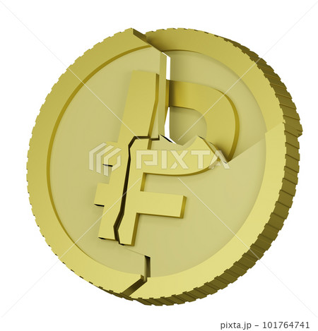 3D rendering of Russian ruble coin with sign of monetary unit of Russia shattered into pieces falling apart. Depreciation of money, financial crisis. Realistic PNG illustration isolated on transparent 101764741