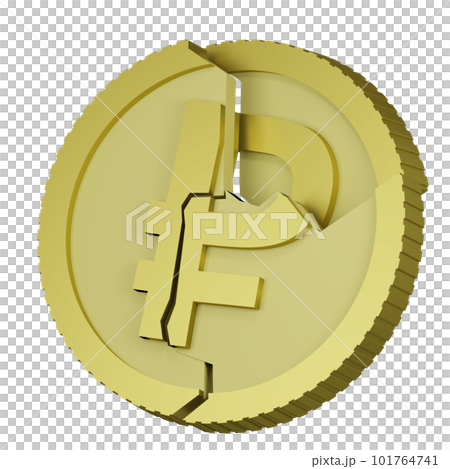 3D rendering of Russian ruble coin with sign of monetary unit of Russia shattered into pieces falling apart. Depreciation of money, financial crisis. Realistic PNG illustration isolated on transparent 101764741