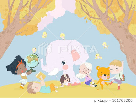 Cartoon Happy Children and Animals Getting Ready for School 101765200