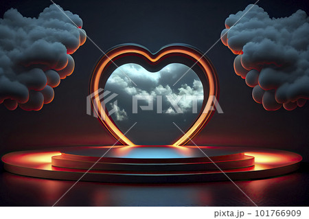 Futuristic Modern empty stage. Reflective dark room with glowing neon heart shape and cloud Futuristic Modern empty stage. Reflective dark room with glowing neon heart shape and cloud 101766909