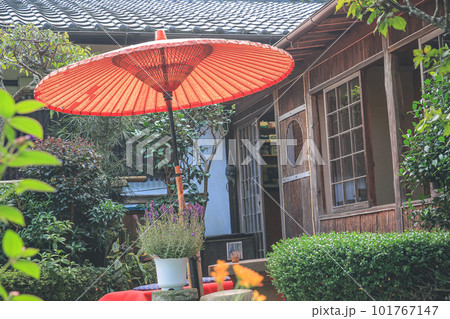 traditional red umbrella in garden for green tea ceremony 101767147