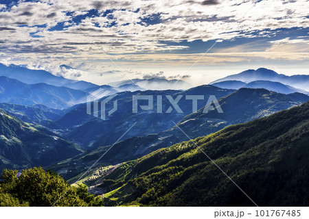 Layers of magnificent mountains landscape in Hehuanshan of Nantou, Taiwan. Taroko National Park is one of Taiwan's most popular tourist attractions.  101767485