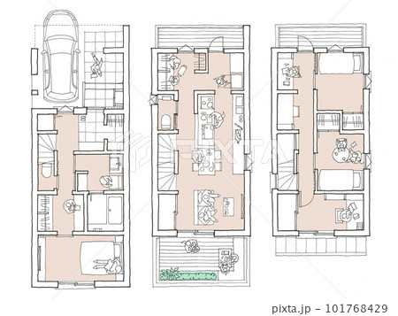 回遊家事動線・リビングテラスのある三階建て住宅の間取り(カラー) 101768429