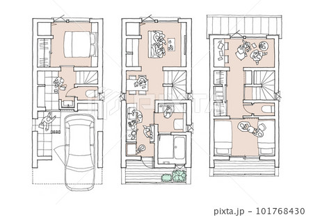 一階にガレージ二階にリビングのある三階建て住宅の間取り(カラー) 一階にガレージ二階にリビングのある三階建て住宅の間取り(カラー) 101768430