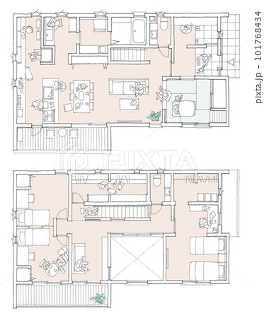 和室とつながるLDK吹き抜けリビングの間取り(カラー) 101768434